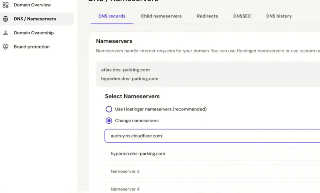 nameservers hostinger update step